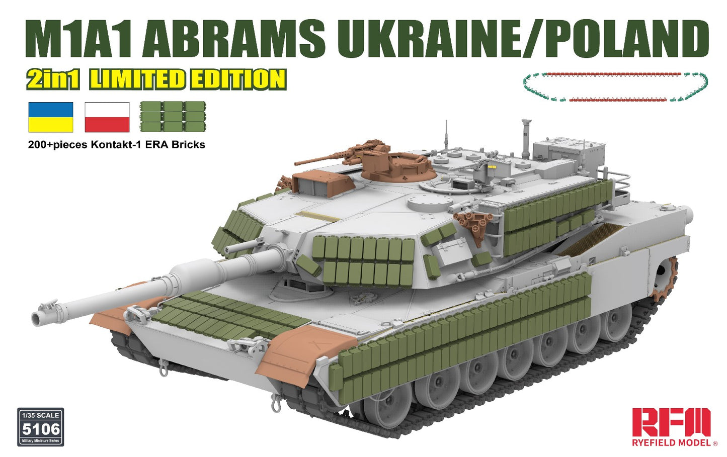 Rye Field Model M1A1 Abrams Ukraine/Poland 2-in-1 w/Kontakt-1 ERA Limited Edition Tank