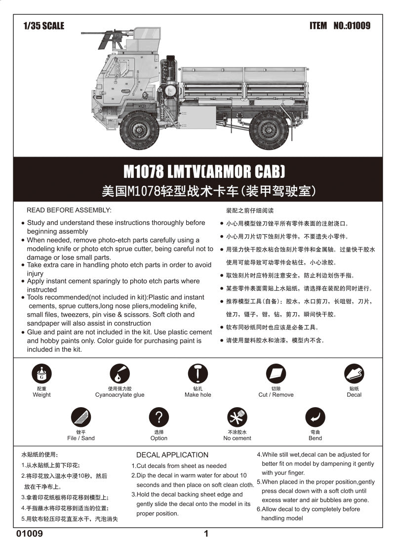 Trumpeter M1078 Light Medium Tactical Vehicle Cargo Truck with Armored Cab Model Kit, Scale 1/35