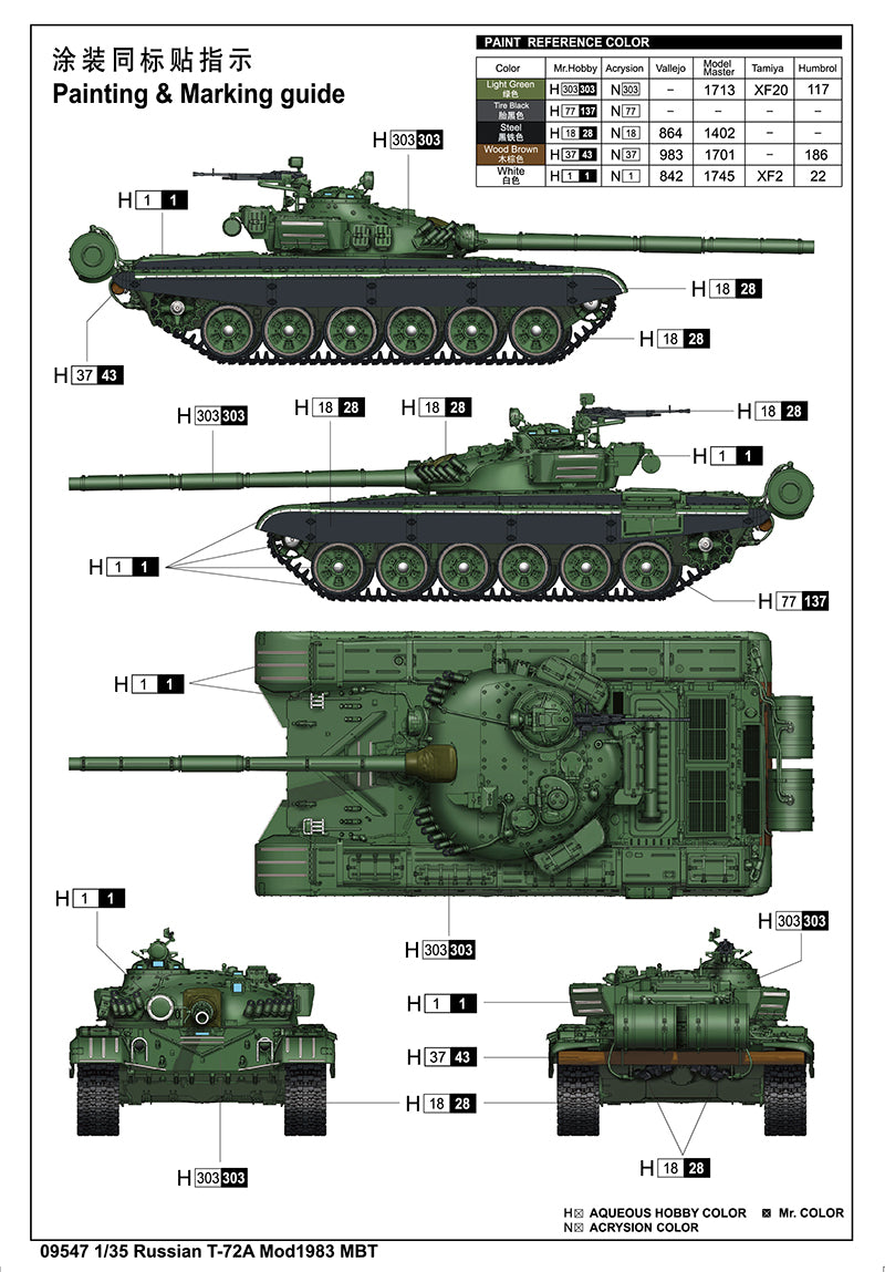 Trumpeter 1/35 T-72A Mod1983 MBT Plastic Model Armor kit, Various